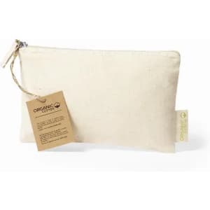 A zippered cream pouch made of organic cotton, featuring a tag attached for information.