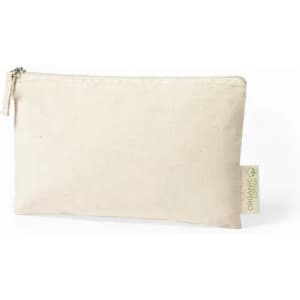 A cream-coloured zip pouch made of organic fabric, featuring a small logo tag on the side.