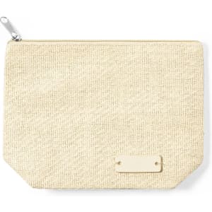 A beige textured pouch with a zip closure and a small tag, featuring a simple design.
