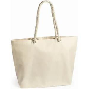 A beige drawstring bag with a textured surface and rope handles, featuring a branded logo.
