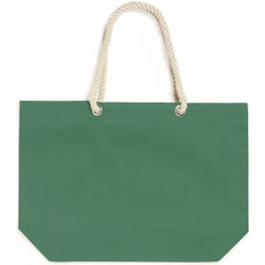 A green tote bag with a textured surface and rope handles. The bag features a simple, unbranded design.