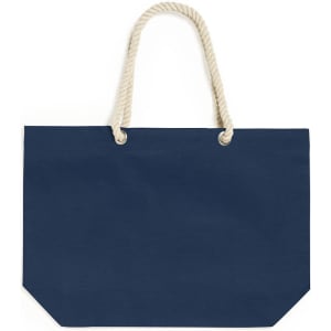 A navy blue tote bag with a textured surface and cream-coloured rope handles. The bag has a spacious design.