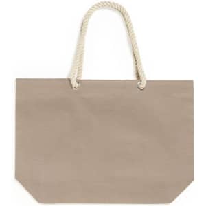 A tote bag in a light beige colour with a rope handle and a flat base. It features eyelets for the handle attachment.