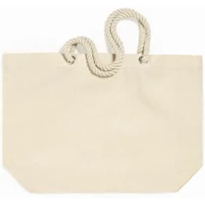 A tote bag in natural beige fabric with rope handles, featuring a simple and minimalist design.