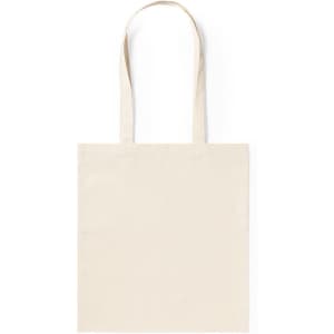 A plain beige tote bag with two handles, featuring a simple, unadorned design.