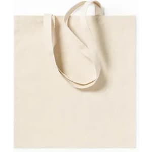 A beige tote bag with two handles, featuring a plain design and no visible logos.
