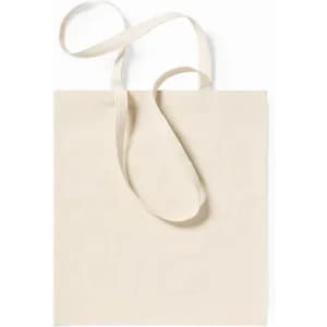 A natural-coloured tote bag with long handles, featuring a simple, minimalist design.