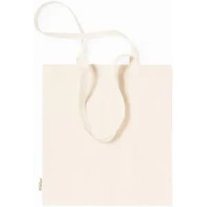 A blank cream tote bag with long, soft handles. The bag has a simple, minimalist design.