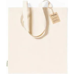 A beige tote bag with long handles and a tag attached. The bag has a simple, plain design.