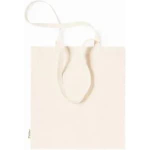 A plain cream tote bag with long handles, featuring a small logo on one side.