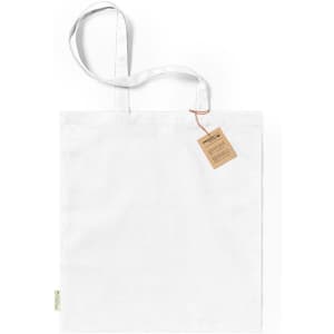 A blank white tote bag with two handles and a hanging tag. It features an eco-friendly branding label.