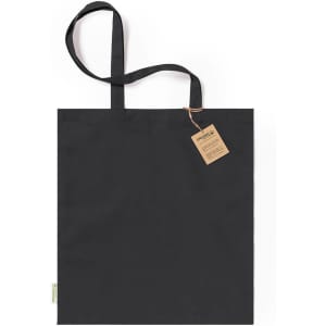 A black tote bag featuring two shoulder straps and a tag attached to one handle. The bag has a simple design.