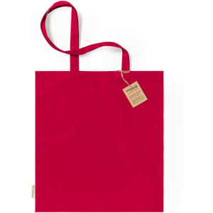 A red tote bag with two handles and a hanging tag. The bag has a simple, minimalist design.