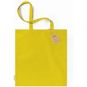 A tote bag in bright yellow with two shoulder straps and a tag attached.