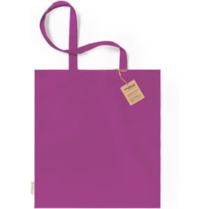 A tote bag in vibrant purple with long handles and a tag attached, featuring a simple, clean design.