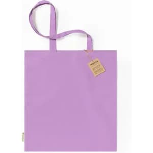A purple tote bag with two handles, featuring a tag attached to one handle.