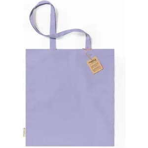 A lavender tote bag with two handles and a tag attached. The design is simple and stylish.