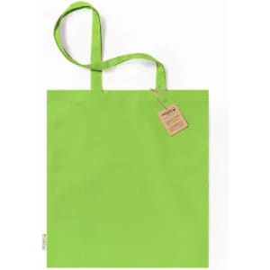 A green tote bag with two handles and a tag attached. It features a plain design without any printed text or images.