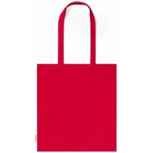 A red tote bag with two handles and a simple design. It features a logo on one side.