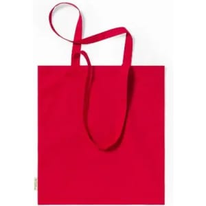 A red tote bag with two long handles, featuring a simple, unadorned design.