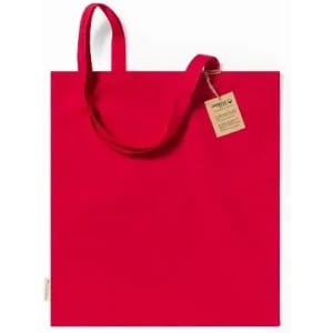 A red tote bag with two handles and a tag attached. The bag features a simple, clean design.