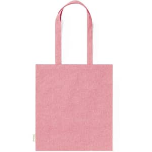 A pink tote bag with two handles and a simple design, featuring a logo on the side.