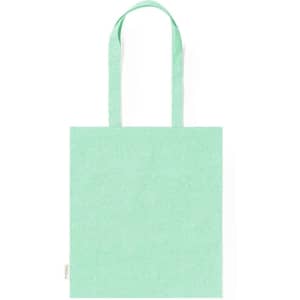 A mint green tote bag with two handles and a simple, rectangular design. It has a branding logo on one side.