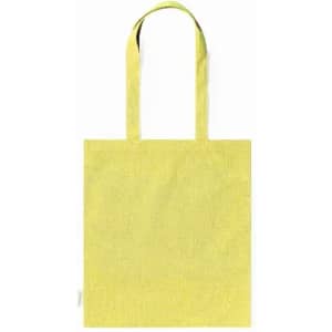 A yellow tote bag with two handles and a simple, plain design. Features a branding logo.