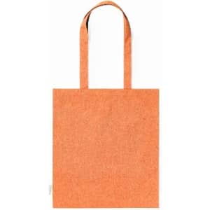 An orange tote bag with two handles, featuring a simple, minimalistic design. It has a branding label.