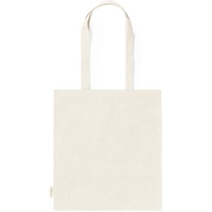 A cream-coloured tote bag with two handles and a simple design. It includes a branding logo on the side.