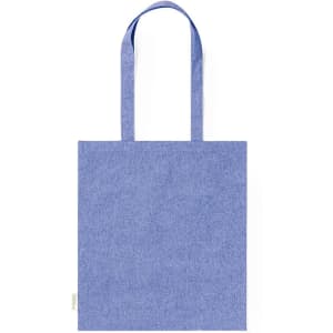 A tote bag in a light blue hue with two long handles and a simple design. Features a logo branding.