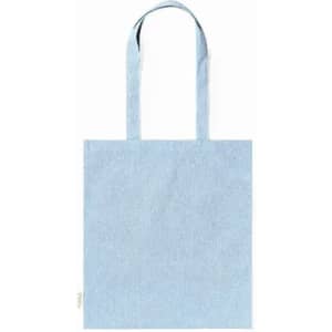 A blue textile tote bag with two handles and a simple, unembellished design. It has a logo on one side.