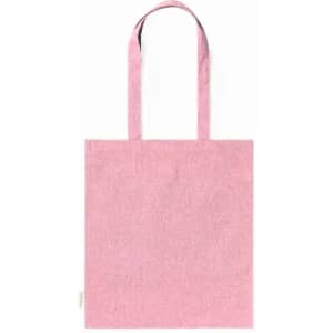 A pink tote bag with two handles and a plain design. It features a branding logo on the side.