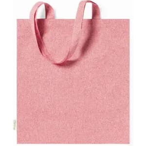 A pink tote bag with dual handles and a simple design, featuring a logo on one side.