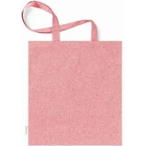 A pink tote bag with two handles and a textured finish, featuring a branding logo on the side.