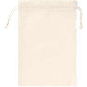 A small beige drawstring bag made of natural fabric, featuring a simple design without any text or logos.