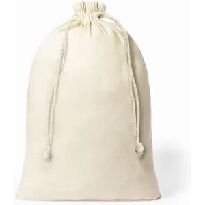 A drawstring bag in a cream colour, featuring a natural fabric texture and two knotted cords for closure.
