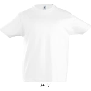A white round neck T-shirt for kids made of 100% semi-combed ringspun cotton, featuring a logo.