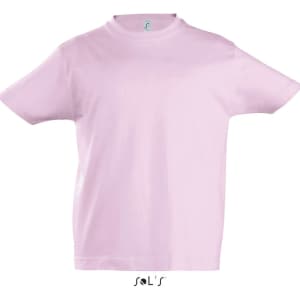 A pink kids' T-shirt with a round neck made from 100% semi-combed ringspun cotton. It features a logo.