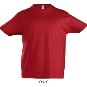 A red round neck kids' T-shirt made from 100% semi-combed ringspun cotton, featuring a logo.