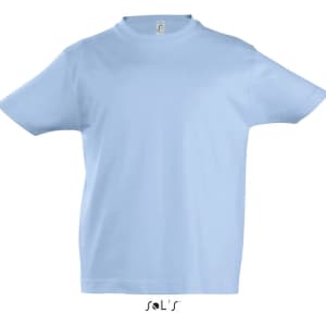 A light blue kids' T-shirt with a round neck made from 100% semi-combed ringspun cotton, featuring a logo.