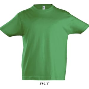 A green kids' T-shirt with a round neck, made from 100% semi-combed ringspun cotton, featuring a logo.