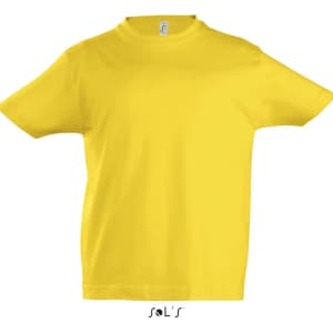 A yellow round neck T-shirt for kids made of 100% semi-combed ringspun cotton. Features a brand logo.