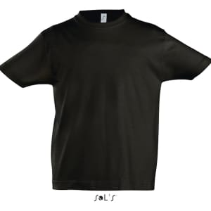 A black round neck T-shirt for kids, made of 100% semi combed ringspun cotton, featuring a brand logo.