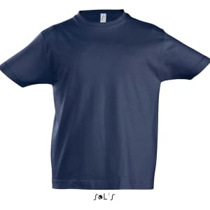A navy blue kids' T-shirt with a round neck made from 100% semi-combed ringspun cotton, featuring a logo.