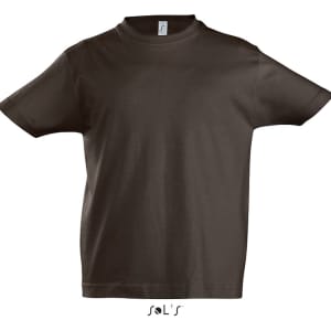A dark brown round neck T-shirt for kids made from 100% semi combed ringspun cotton. Features a logo.