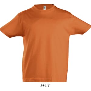 An orange round neck T-shirt for kids, made from 100% semi-combed ringspun cotton, featuring a logo.