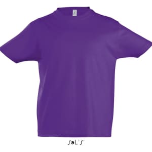 A purple kids' T-shirt with a round neck, made of 100% semi-combed ringspun cotton, featuring a logo.