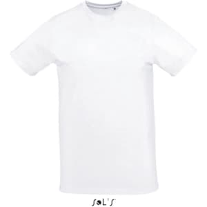A white unisex round collar T-shirt for sublimation, featuring short sleeves and a logo at the bottom.