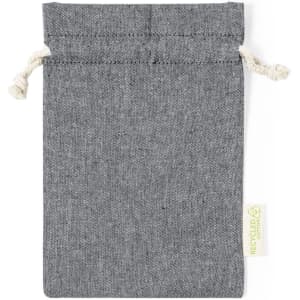 A grey drawstring pouch made from recycled cotton, featuring a label on the side.